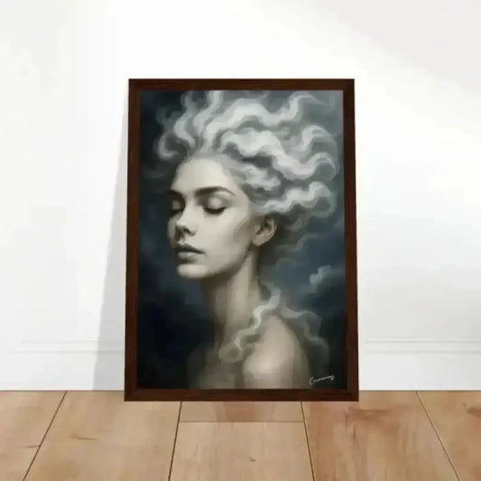 Gerahmtes poster mit portrait einer frau und voluminösem silberweißem haar aus der kunst serie gaia – der atem des windes