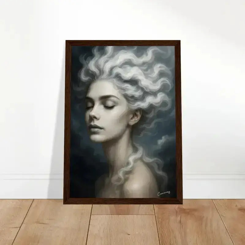 Gerahmtes Poster Gaia: Porträt weißhaariger Frau mit geschlossenen Augen