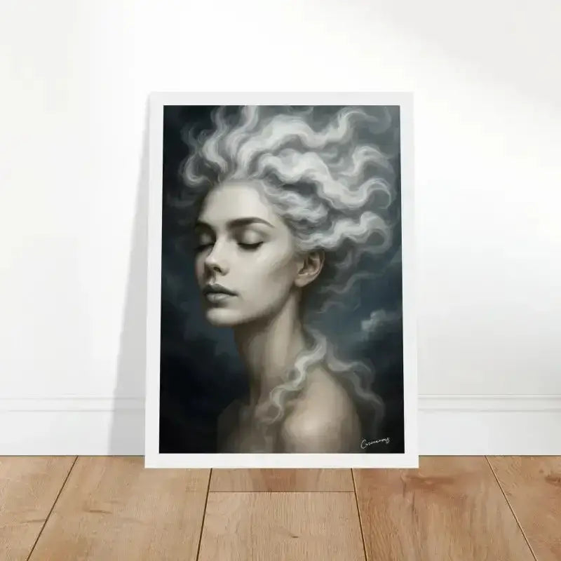 Weiß gerahmtes Poster Gaia: Porträt einer Frau mit lockigem Haar