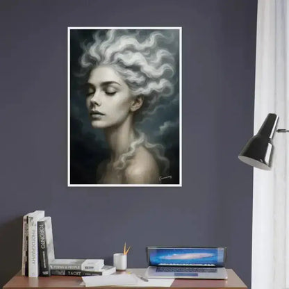 Gerahmtes Poster Gaia: Der Atem des Windes mit weiß-grauem Haar-Motiv