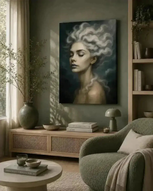 Ein gerahmtes leinwandbild einer frau mit wehenden weißen haaren vor dunklem hintergrund gaia atem des windes bewegung