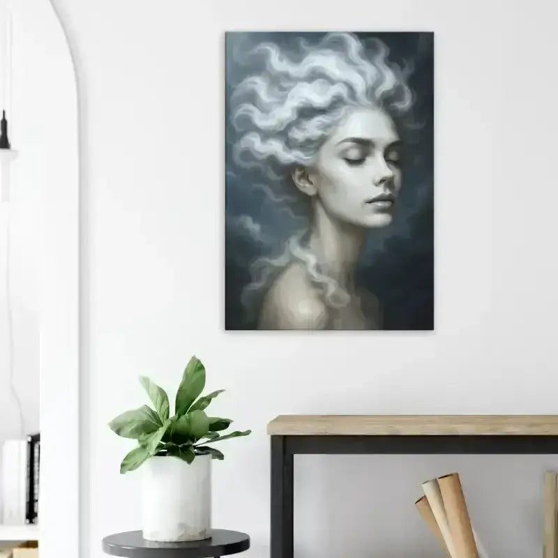 Gaia: Der Atem des Windes Leinwand mit weiß-silbernem Haar-Porträt und Windes Bewegung