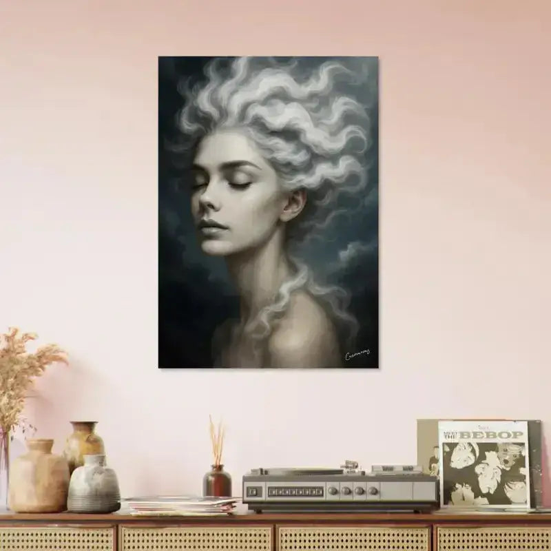 Moderne abstrakte Porträtfrau mit fließendem weißem Haar und Windesbewegung auf Leinwand, Gaia Atem