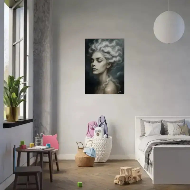 Schwarz-Weiß-Porträt einer Frau mit lockigem Haar, gerahmter Leinwanddruck.