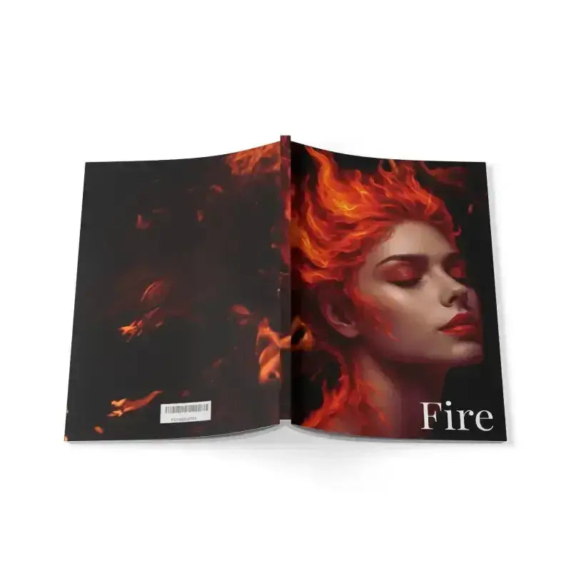 Feuer-Themen-Buch GAIA Feuer mit feurig-roten Haaren auf dunklem Hintergrund