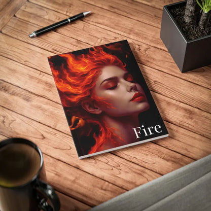 Journaleinband mit Feuerfrau und dem Wort Feuer im Produkt GAIA – Feuer Element