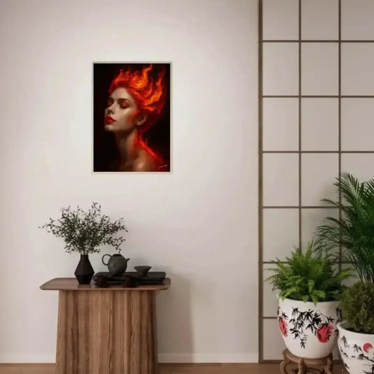 Gerahmtes poster gaia geboren aus glut zeigt frau mit feurigem orangerotem haar und roten lippen auf dunklem hintergrund