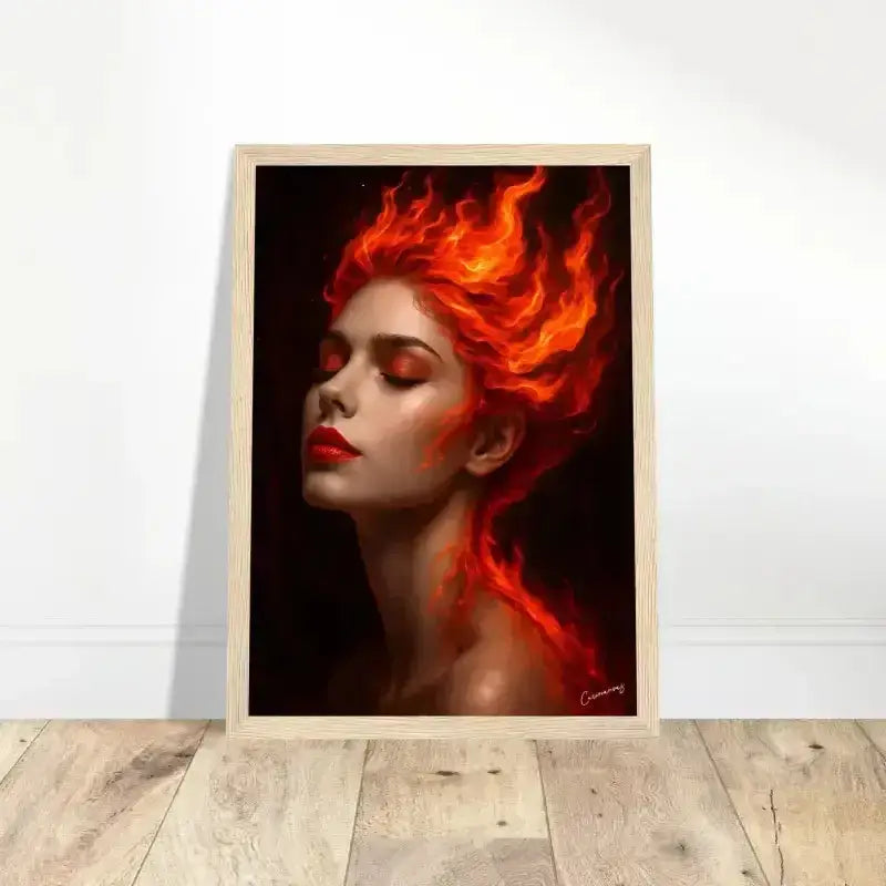 Feuriges Gaia-Gerahmtes Poster mit orangenen Flammen in hellem Holzrahmen