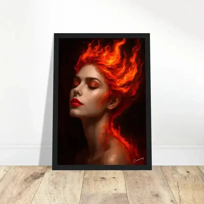 Gerahmtes Poster Gaia: Geboren aus Glut mit schwarzem Rahmen und Feuer-Porträt