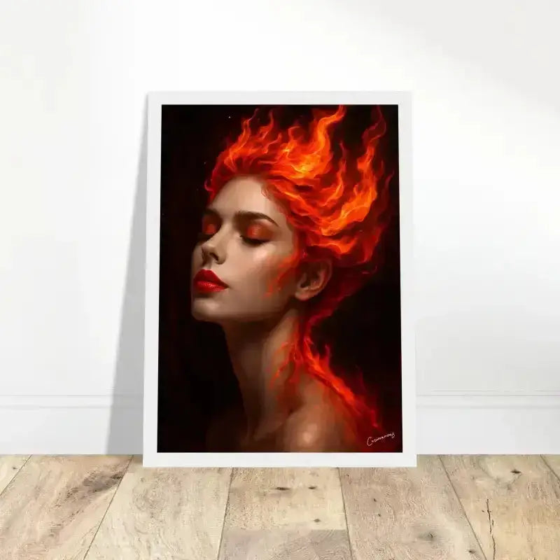 Feuriges Gaia-Gerahmtes Poster mit Frau im Flammenprofil