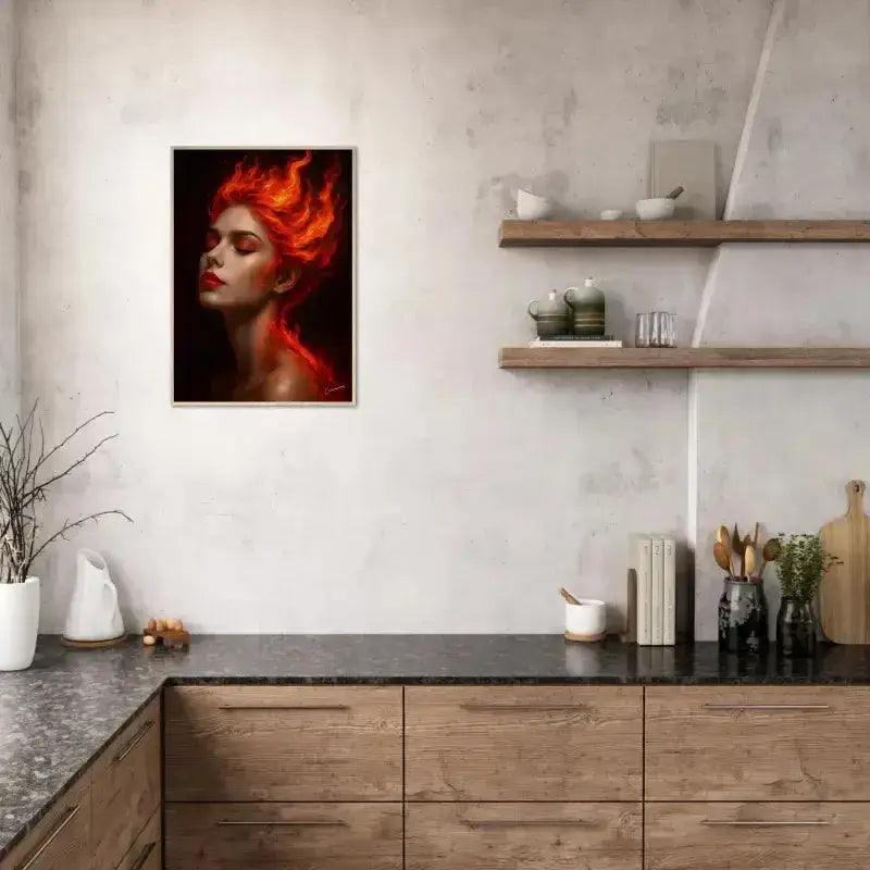 Rotes Feuerhaar Kunstgerahmtes Poster Gaia: Geboren aus Glut