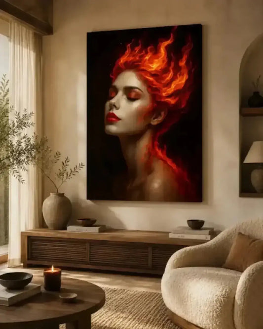 Str striking leinwandbild feuer mit frau schwarschimmerndem haar und roten lippen aus der kunstserie gaia geboren aus glut