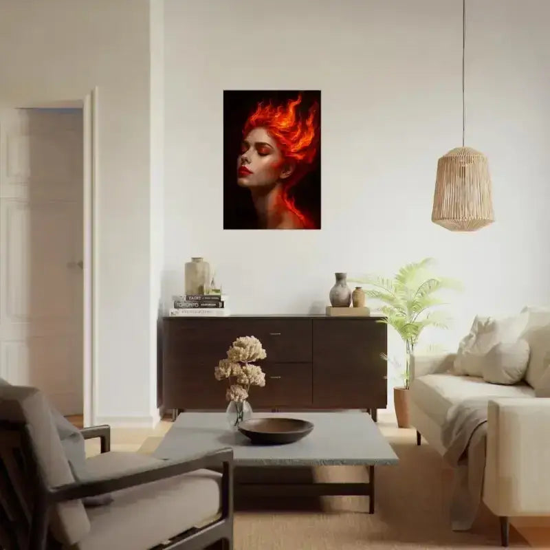 Modernes Leinwandbild Feuer: Gaia Geboren aus Glut mit schwarzem Couchtisch