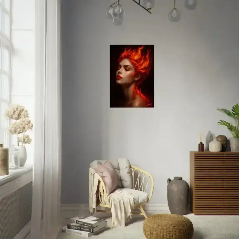 Rotes Glut-Flammen-Wandkunstposter Gaia mit schwarzem Hintergrund und Glanzfinish