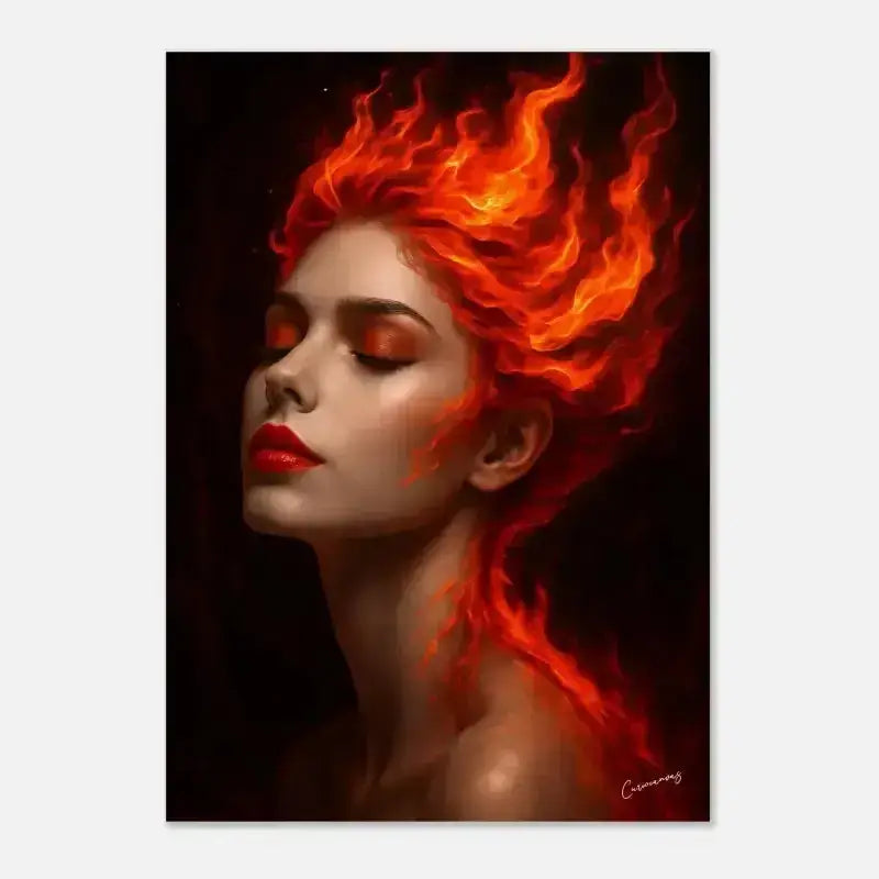 Feuriges Gaia-Porträt aus Glut mit Flammen, roter Raum