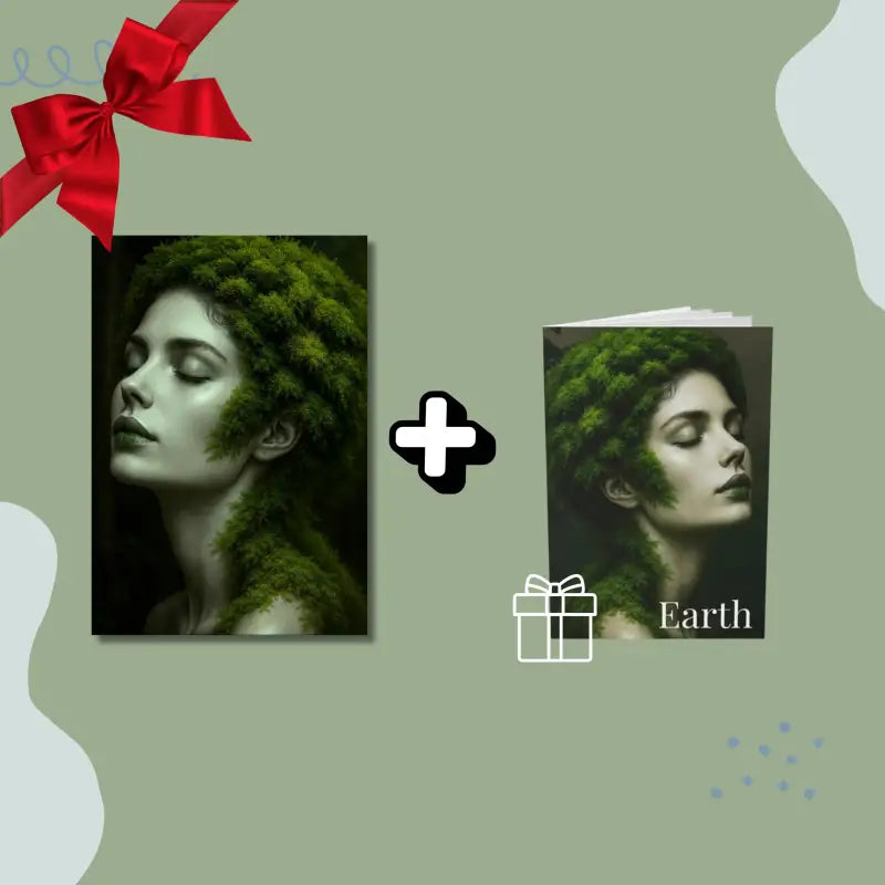 Großdruck und Grußkarte mit Frau mit moosigem Haar, rotem Band und Geschenk-Icon