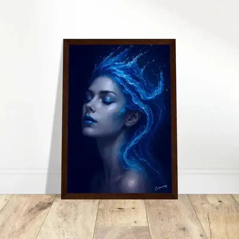 Blaues Mermaid-Gerahmtes Poster Gaia: Wo Stille fließt mit fließenden Haaren und Sternenhintergrund