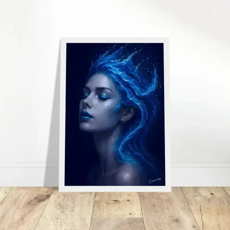 Blaues Mermaid-Gerahmtes Poster Gaia: Wo Stille fließt mit fließenden Haaren und Sternenhintergrund