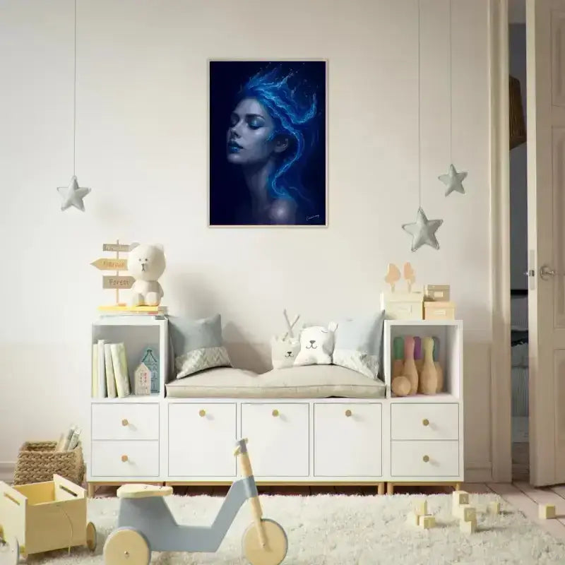 Abstraktes Blau-Weiß-Gerahmtes Poster Gaia: Wo Stille fließt mit Frauen-Gesicht