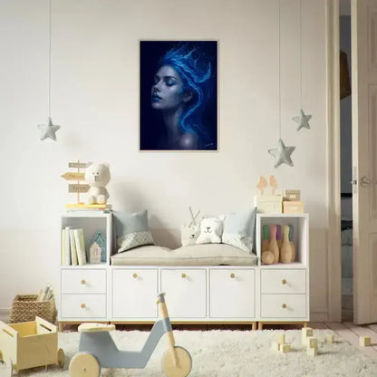 Abstraktes Blau-Weiß-Gerahmtes Poster Gaia: Wo Stille fließt mit Frauen-Gesicht