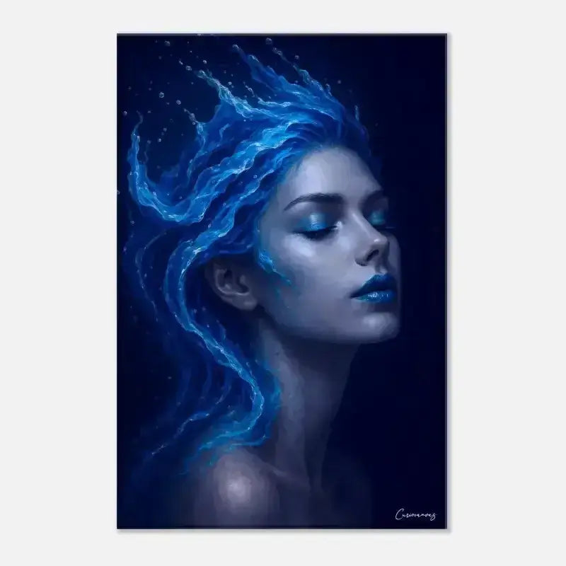 Blaues elektrisches Haar-Leinwandbild Gaia: Wo Stille fließt, Wasser-Art-Print