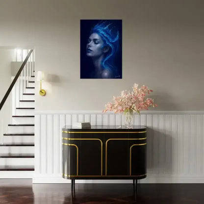 Schwarzer und goldener Barschrank mit Blumenarrangement oben, Gaia: Wo Stille fließt Poster