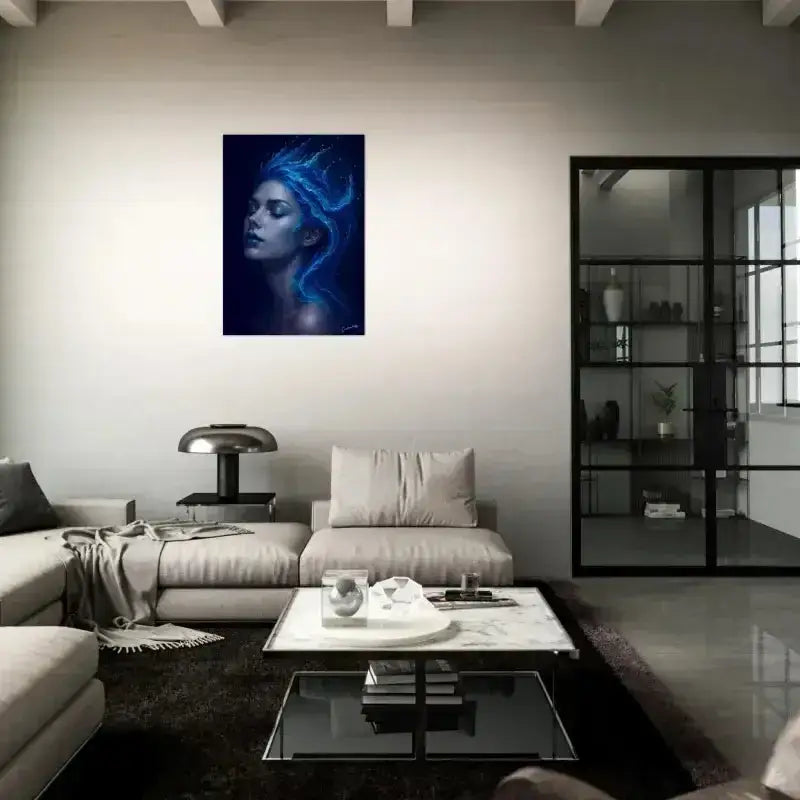 Blaues abstraktes Porträt-Wandkunst mit fließendem Haar, Gaia: Wo Stille fließt Poster