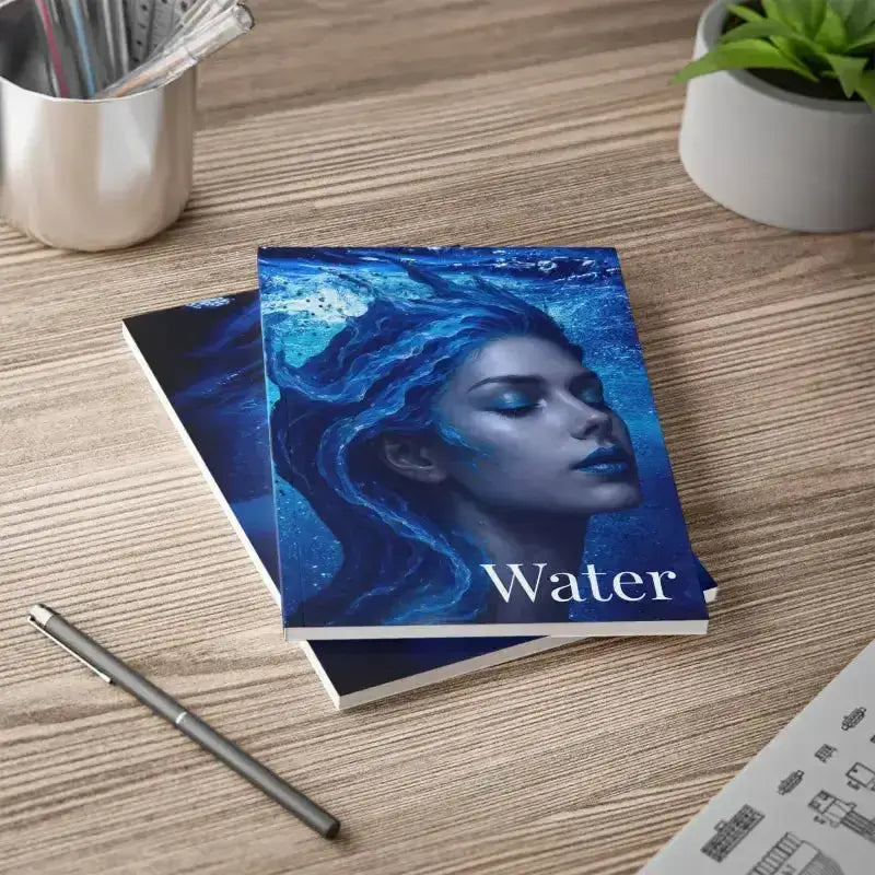 Blaues Wasser-Notizbuch Gaia Wasser Element mit Frauengesicht und Stift