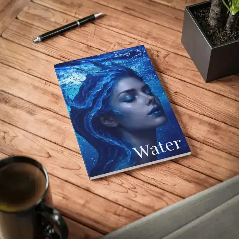 Gaia Wasser Notebook mit blauer Wasser-Element-Design und Frauengesicht