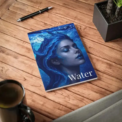 Gaia Wasser Notebook mit blauer Wasser-Element-Design und Frauengesicht