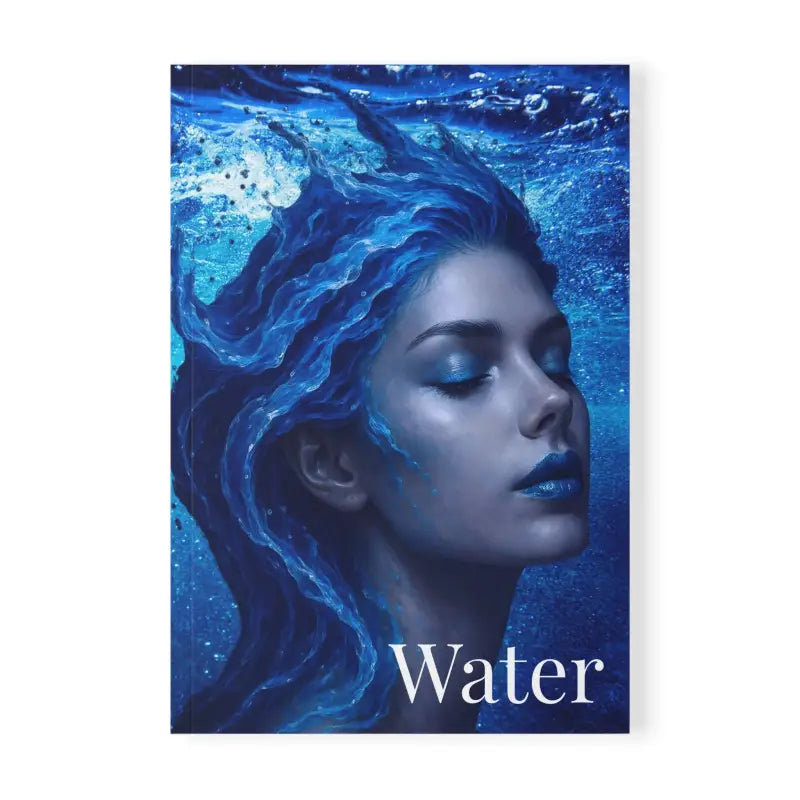 Notizbuch mit lebhaft blauer Hülle und Frau mit wasserähnlichem Haar im Produkt GAIA – Water Element