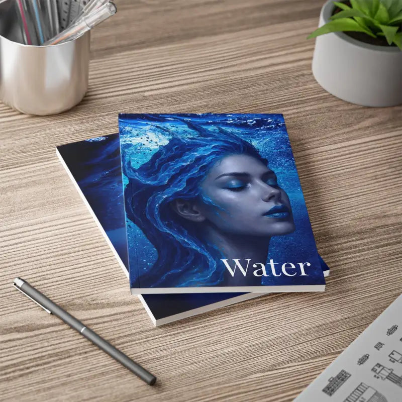 Zwei blaue Notizbücher mit künstlerischer Unterwasserfrau-Illustration für GAIA – Water Element