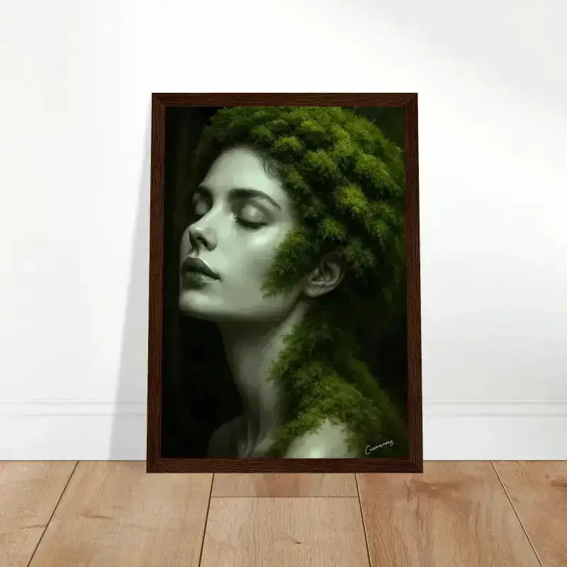 Gerahmtes Poster Gaia: Wenn Wurzeln träumen, braunes Holzrahmen-Porträt mit Frau und Grünzeug