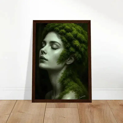Gerahmtes Poster Gaia: Wenn Wurzeln träumen, braunes Holzrahmen-Porträt mit Frau und Grünzeug