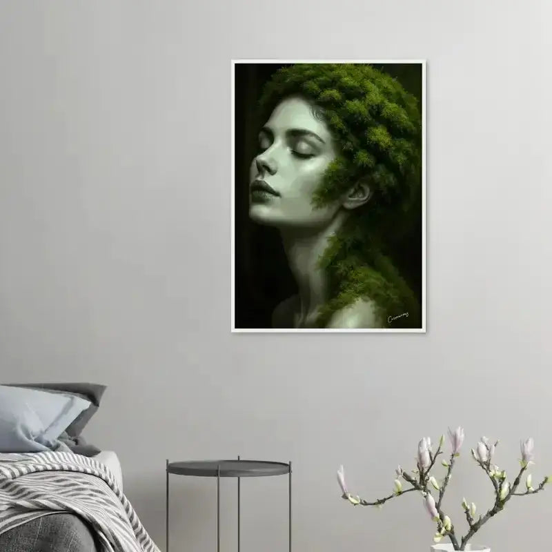 Grünes Laubiges Porträt-Wandkunst als gerahmtes Poster Gaia: Wenn Wurzeln träumen