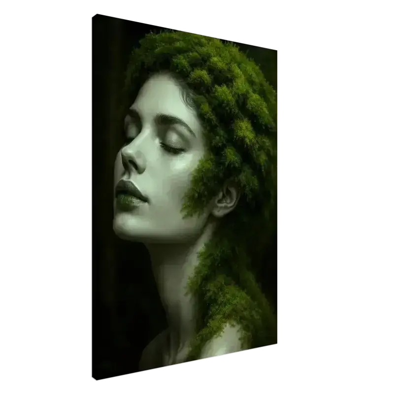 Grünes moosbedecktes Haarstück mit Blattmustern, Gaia: Wenn Wurzeln träumen Leinwand
