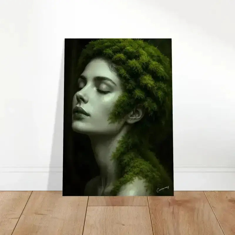 Grünes moosbedecktes Porträt-Leinwandkunstwerk Gaia: Wenn Wurzeln träumen