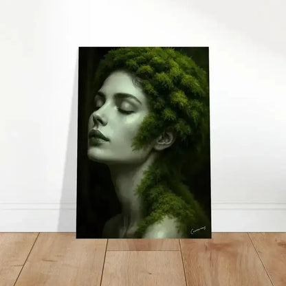 Grünes moosbedecktes Porträt-Leinwandkunstwerk Gaia: Wenn Wurzeln träumen