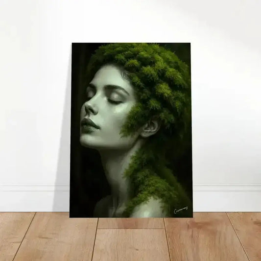 Grünes moosbedecktes Porträt-Leinwandkunstwerk Gaia: Wenn Wurzeln träumen