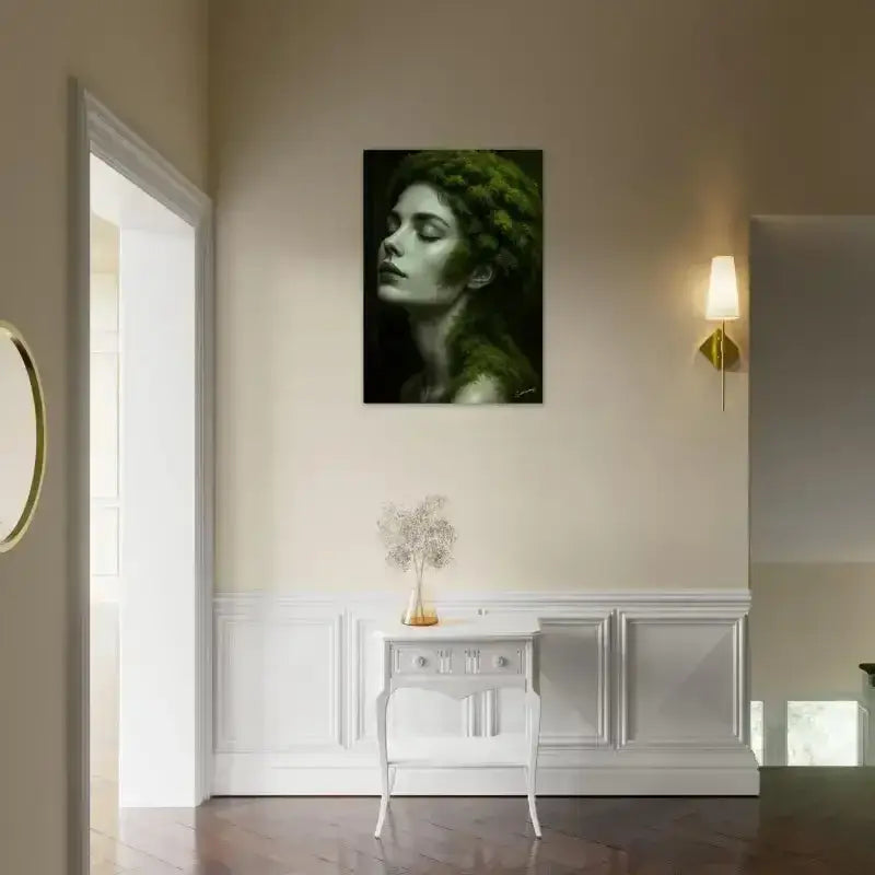 Schwarzweiß-Porträt-Wandkunst mit grünem Laub, Wurzeln träumen, dunkler Holzrahmen