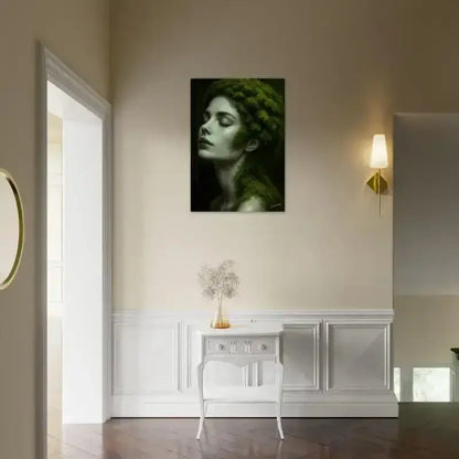 Schwarzweiß-Porträt-Wandkunst mit grünem Laub, Wurzeln träumen, dunkler Holzrahmen