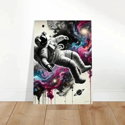 Galaxien im fluss poster zeigt einen schwarz-weiß astronauten vor farbenfrohen pink-blau-lila nebulae kunst print