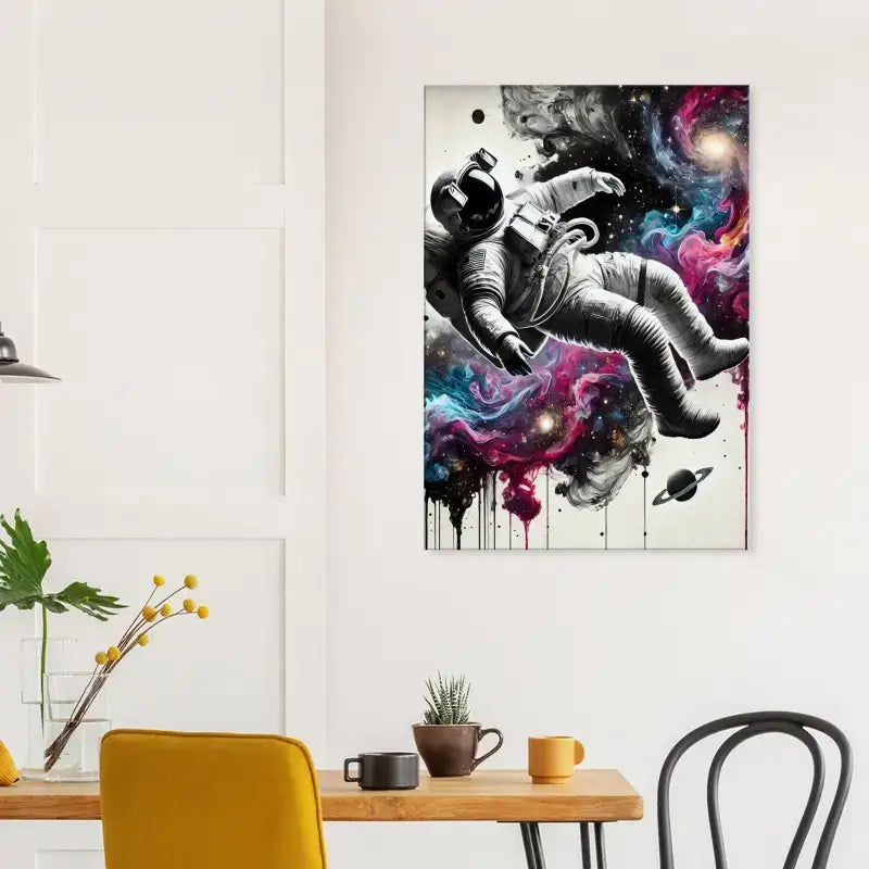Astronaut im farbenfrohen All-Kunstwerk auf dem Produkt Galaxien im Fluss