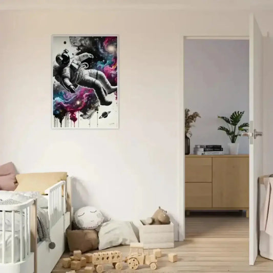 Gerahmtes poster galaxien im fluss mit lebendigem astronautenkunstwerk in lila und pink als visual artwork