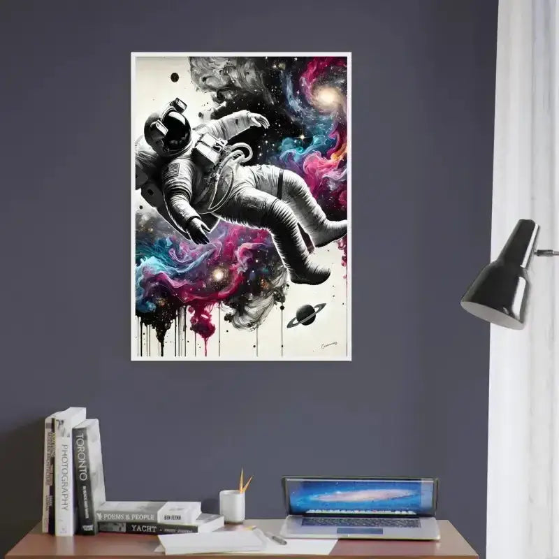 Gerahmtes Poster Galaxien im Fluss mit Astronaut und tropfender Farbe