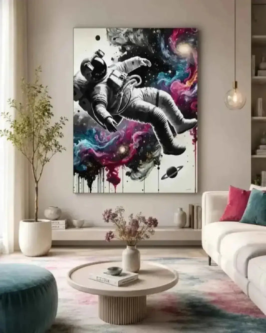 Galaxien im fluss leinwand zeigt einen schwarz-weißen astronauten vor pink-lila-teal farbenen nebeln curiocanvas prints