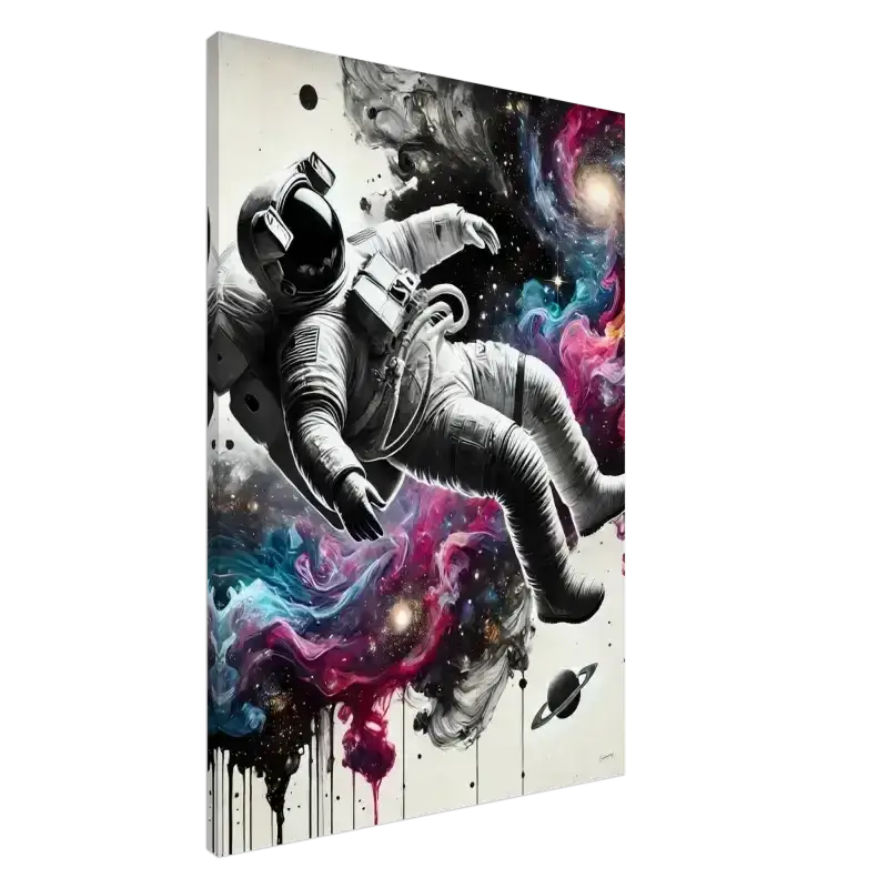 Abstraktes Astronauten-Leinwand-Kunstprint mit kosmischem Hintergrund und Tropfenfarbeffekt