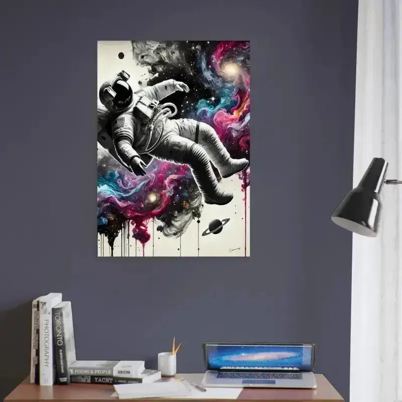 Astronauten-Poster Galaxien im Fluss mit tropfender Farbe und Galaxy-Hintergrund
