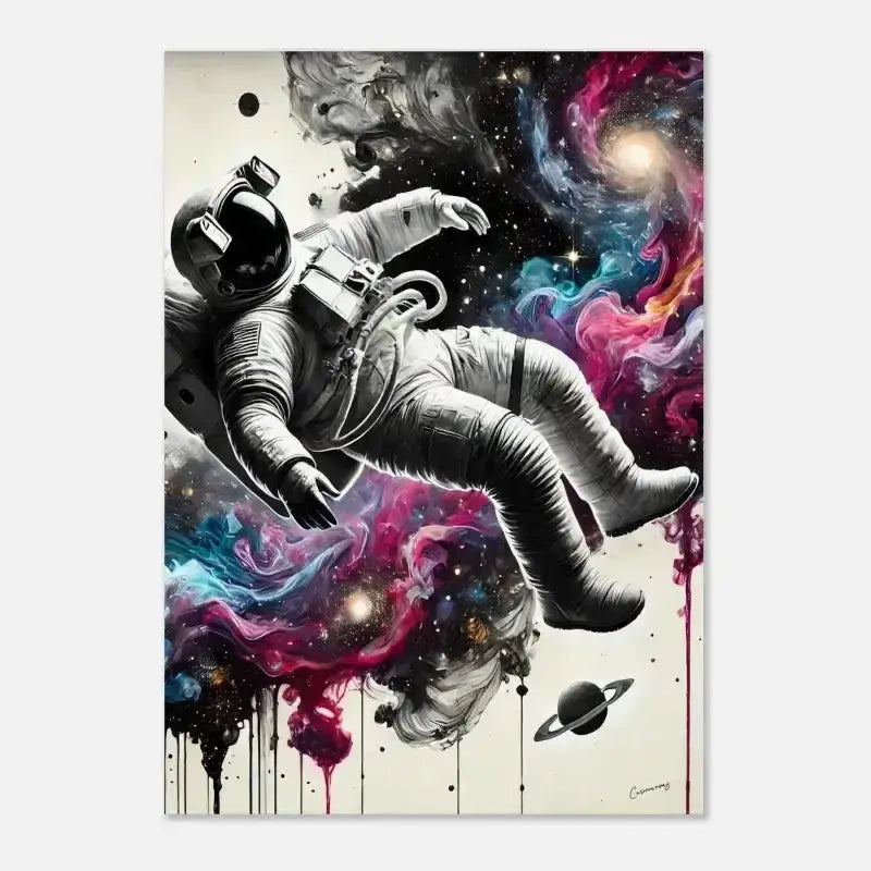 Galaxien im Fluss Poster mit Astronaut und kosmischem Fluss-Hintergrund
