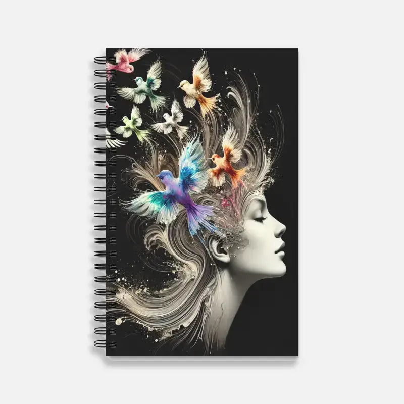 Spiralgebundenes Notizbuch Gedankenvögel mit bunten Vögeln und Blumen